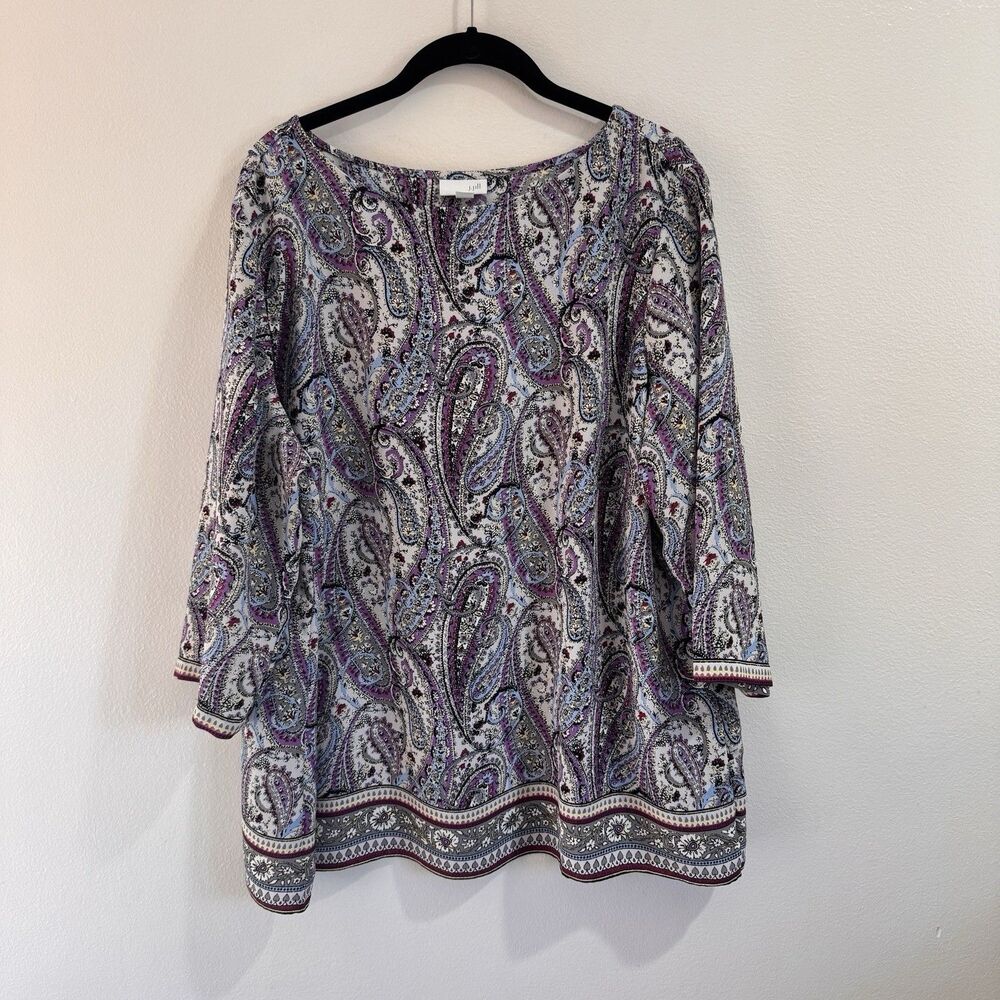 J. Jill Shirt Blouse Tunic 2X Purple Paisley Colorful Boho Lagen 3/4 Sleeves